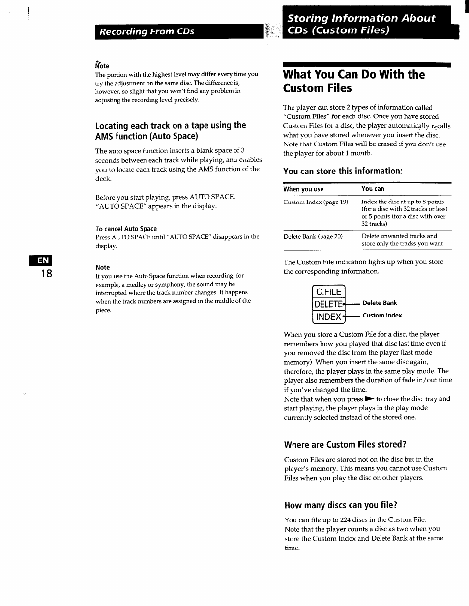 To cancel auto space, Note, What you can do with the custom files | You can store this information, C.file, Delete, Index, Delete bank . custom index, Where are custom files stored, How many discs can you file | Sony CDP-XA7ES User Manual | Page 18 / 93
