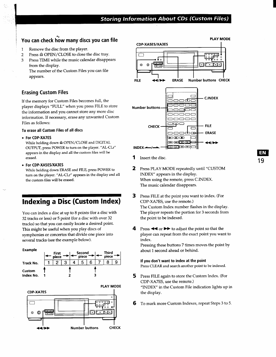 You can check how many discs you can file, Erasing custom files, To erase all custom files of all discs | For cdp-xa7es, For cdp-xa5es/xa3es, Indexing a disc (custom index), If you don't want to index at the point, Storing information about cds (custom files) | Sony CDP-XA7ES User Manual | Page 19 / 93