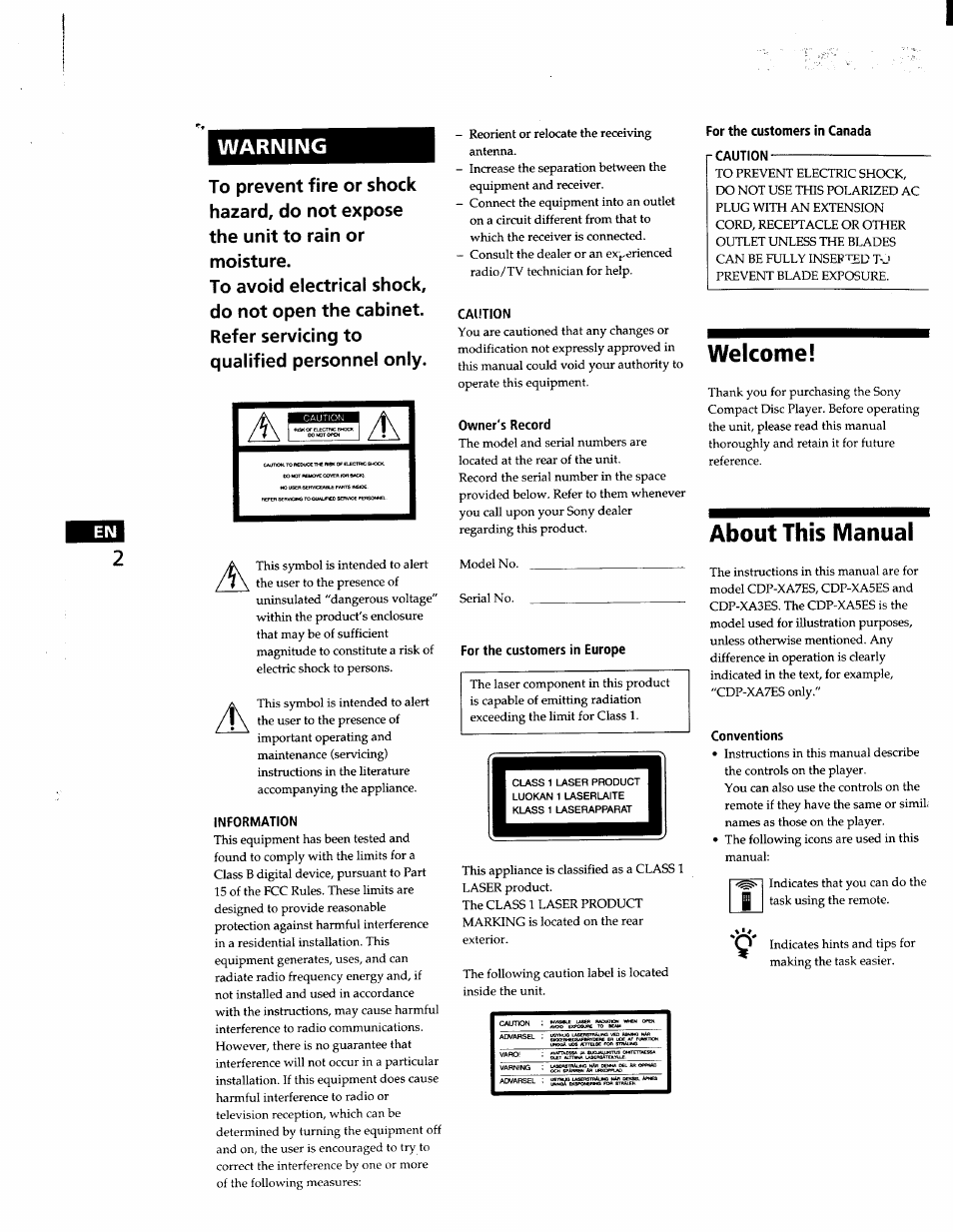 Information, Caution, Owner's record | For the customers in canada, For the customers in europe, Welcome, About this manual, Conventions, Warning | Sony CDP-XA7ES User Manual | Page 2 / 93