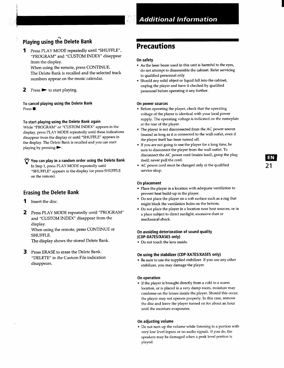 Playing using the delete bank, To cancel playing using the delete bank, To start playing using the delete bank again | Erasing the delete bank, Precautions, On safety, On power sources, On placement, On using the stabilizer (cdp-xa7es/xa5es only), On operation | Sony CDP-XA7ES User Manual | Page 21 / 93