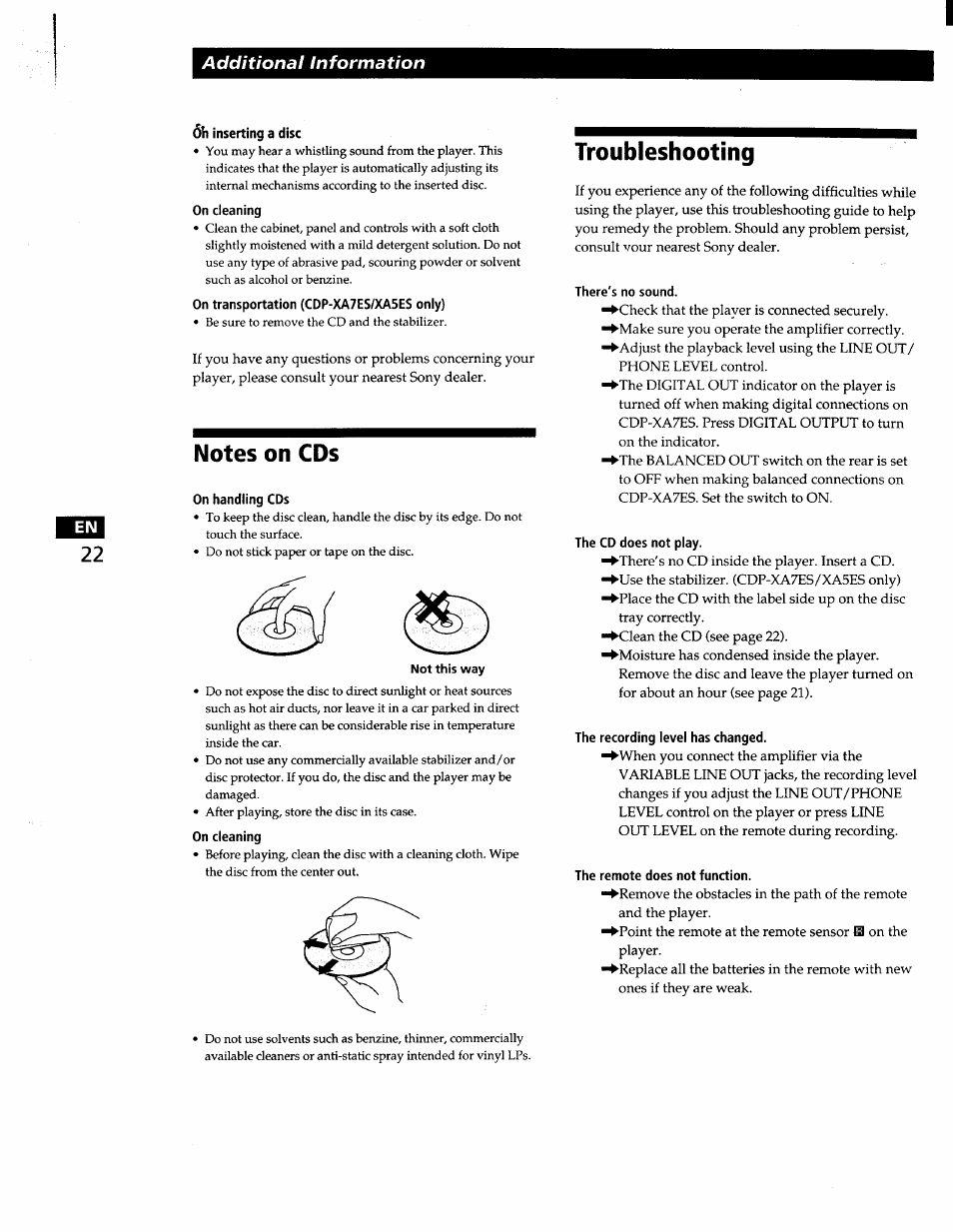 Dll inserting a disc, Notes on cds, On handling cds | Troubleshooting, There's no sound, The cd does not play, The recording level has changed, The remote does not function, Additional information | Sony CDP-XA7ES User Manual | Page 22 / 93