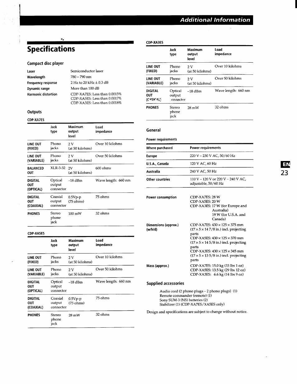 Specifications, Compact disc player, Outputs | Supplied accessories, Additional information | Sony CDP-XA7ES User Manual | Page 23 / 93