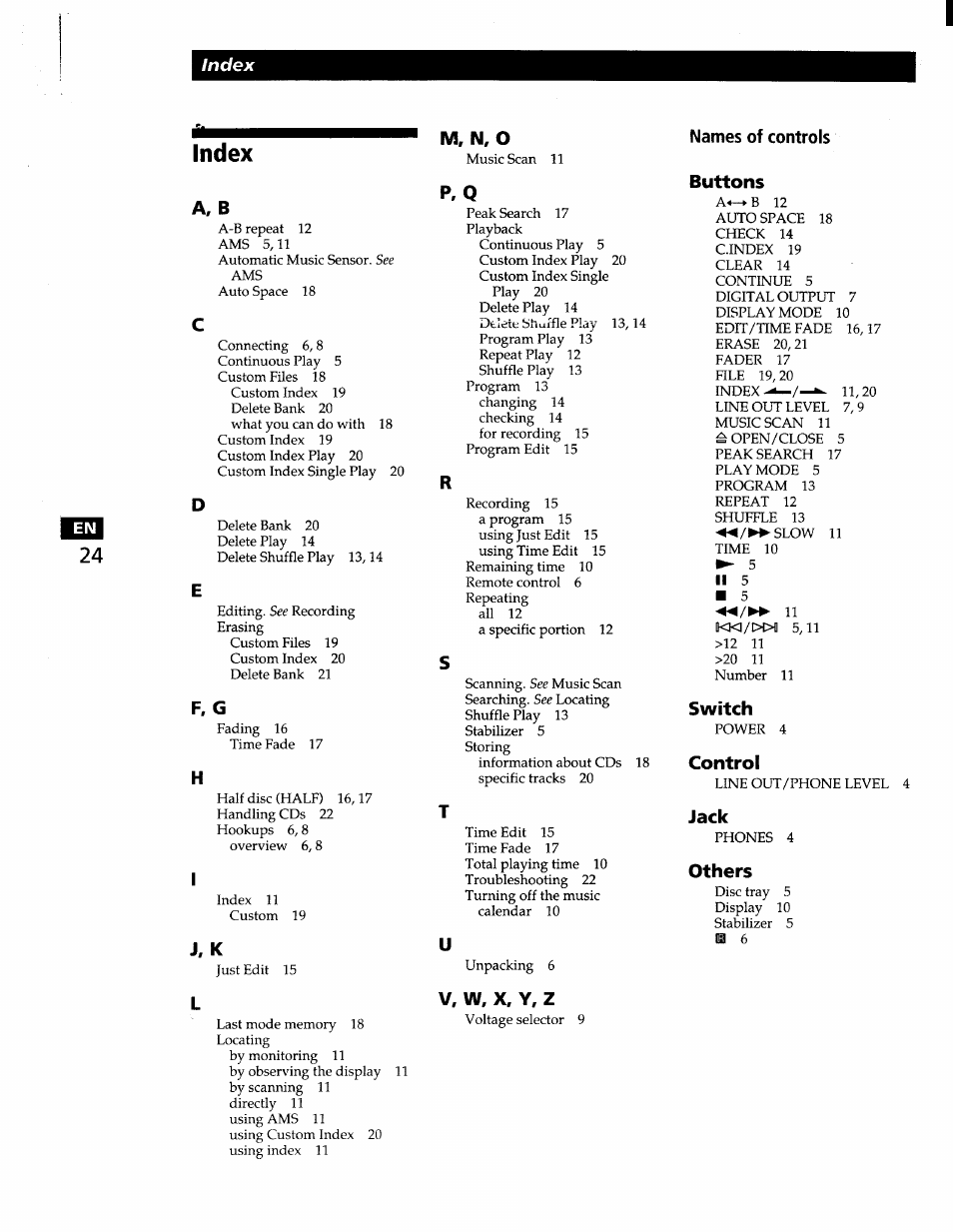 Index, A, b, M, n, o | P, q, Names of controls buttons, Switch, Control, Jack, Others | Sony CDP-XA7ES User Manual | Page 24 / 93