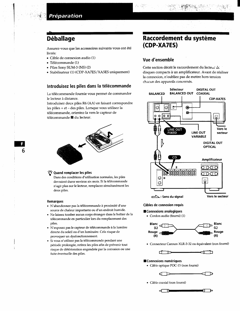 Déballage, Introduisez les piles dans la télécommande, Ç' quand remplacer les piles | Remarques, Raccordement du système (cdp-xa7es), Vue d'ensemble, I—'n. : sens du signal câbles de connexion requis, Connexions analogiques, Connexions numériques | Sony CDP-XA7ES User Manual | Page 29 / 93