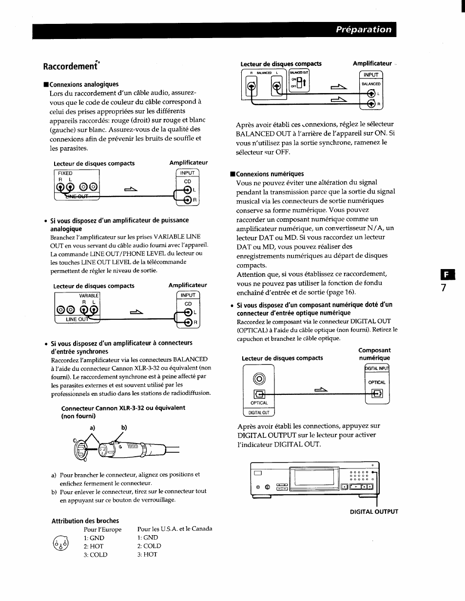 Raccordement, Connexions analogiques, Lecteur de disques compacts | Attribution des broches, Connexions numériques, Préparation | Sony CDP-XA7ES User Manual | Page 30 / 93