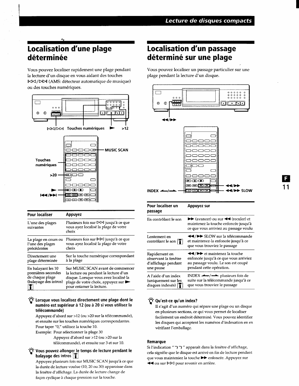 Localisation d'une plage déterminée, Ikm/wxl touches numériques, Touches | Music scan, Localisation d'un passage déterminé sur une plage, Index, Slow, Ç' qu'est-ce qu'un index, Remarque, Lecture de disques compacts | Sony CDP-XA7ES User Manual | Page 34 / 93