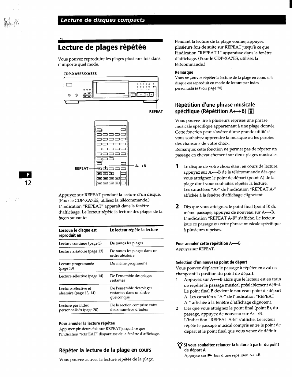 Lecture de plages répétée, Répéter la lecture de la plage en cours, Remarque | Pour annuler cette répétition a*-*b, Sélection d'un nouveau point de départ, Lecture de disques compacts | Sony CDP-XA7ES User Manual | Page 35 / 93