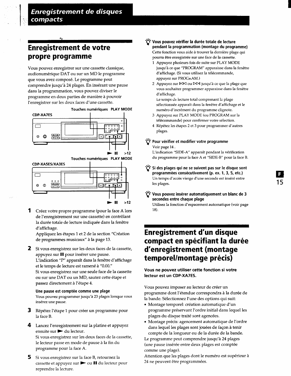 Ç' vous pouvez vérifier la durée totale de lecture, Enregistrement de votre propre programme, Enregistrement de disques compacts | Sony CDP-XA7ES User Manual | Page 38 / 93