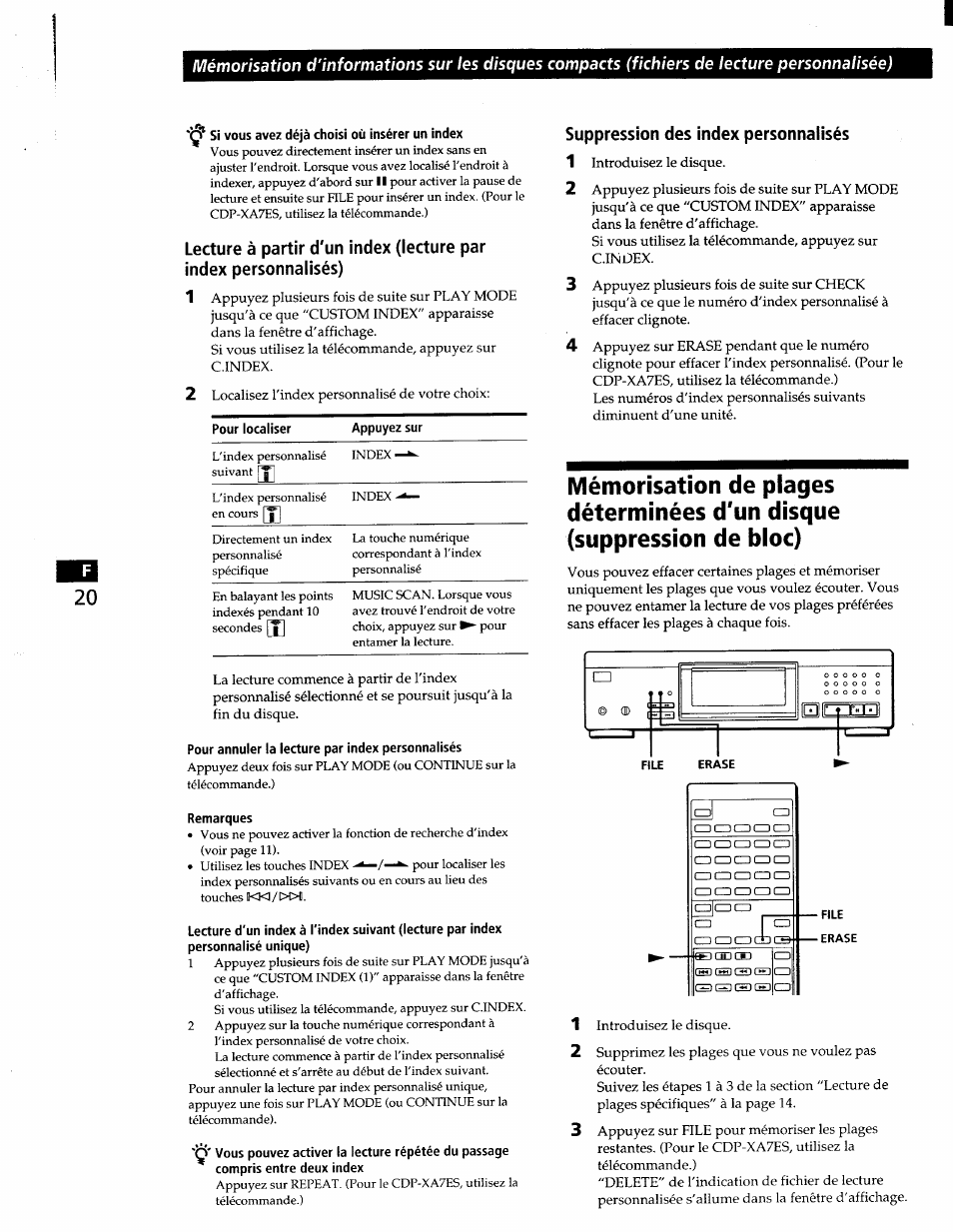 Ç si vous avez déjà choisi où insérer un index, Pour annuler la lecture par index personnalisés, Remarques | Sony CDP-XA7ES User Manual | Page 43 / 93