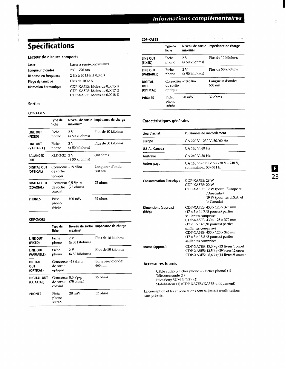 Spécifications, Lecteur de disques compacts, Sorties | Accessoires fournis, Informations complémentaires | Sony CDP-XA7ES User Manual | Page 46 / 93