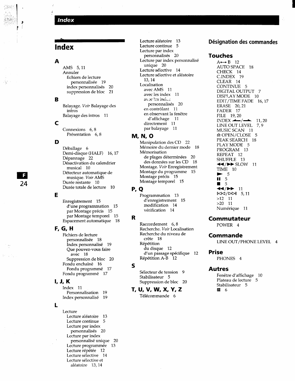 Index, F, g. h, I, j, k | M, n, o, T, u, v, w. x, y, z, Désignation des commandes, Touches, Commutateur, Commande, Prise | Sony CDP-XA7ES User Manual | Page 47 / 93