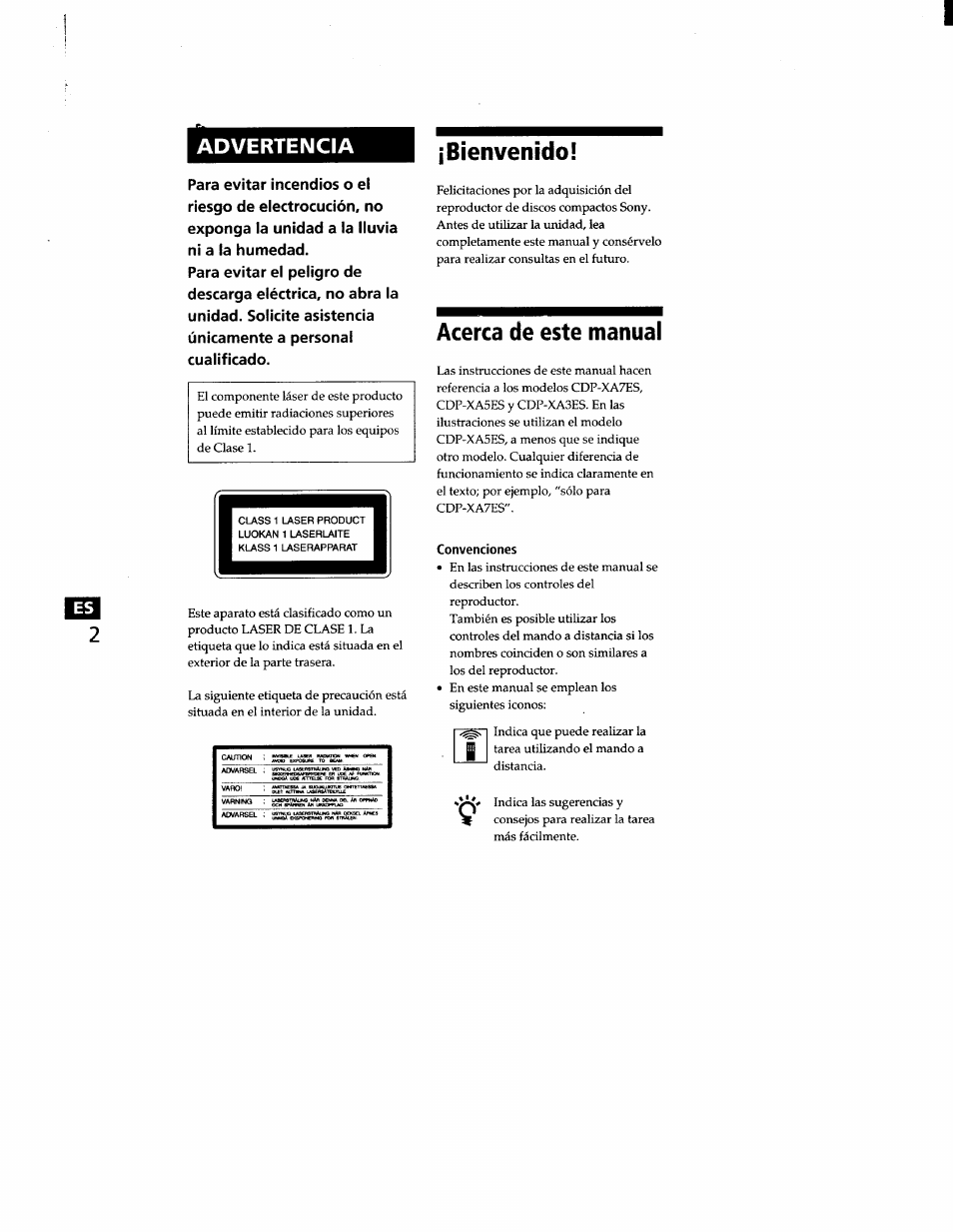 Bienvenido, Acerca de este manual, Convenciones | Advertencia | Sony CDP-XA7ES User Manual | Page 48 / 93