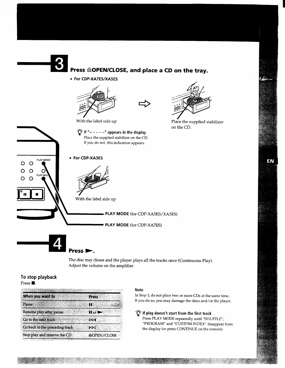 For cdp-xa7es/xa5es, Note, Y' if play doesn't start from the first track | Press ^open/close, and place a cd on the tray, Press | Sony CDP-XA7ES User Manual | Page 5 / 93