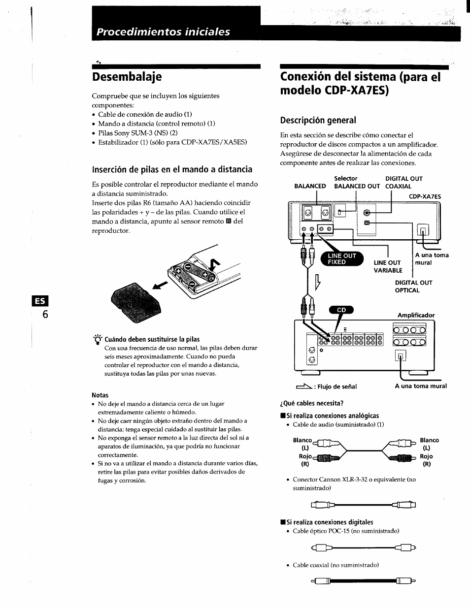 Desembalaje, Inserción de pilas en el mando a distancia, Q' cuándo deben sustituirse la pilas | Notas, Conexión del sistema (para el modelo cdp-xa7es), Descripción general, Qué cables necesita, Si realiza conexiones analógicas, Isi realiza conexiones digitales | Sony CDP-XA7ES User Manual | Page 52 / 93