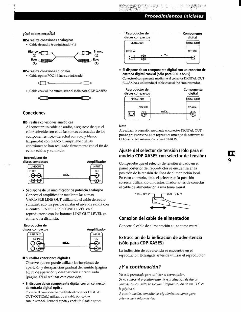 Qué cables necesita, Conexiones, Isi reaiiza conexiones analógicas | Isi realiza conexiones digitales, Conexión del cable de alimentación, L o i d, Procedimientos iniciales, Ya continuación | Sony CDP-XA7ES User Manual | Page 55 / 93