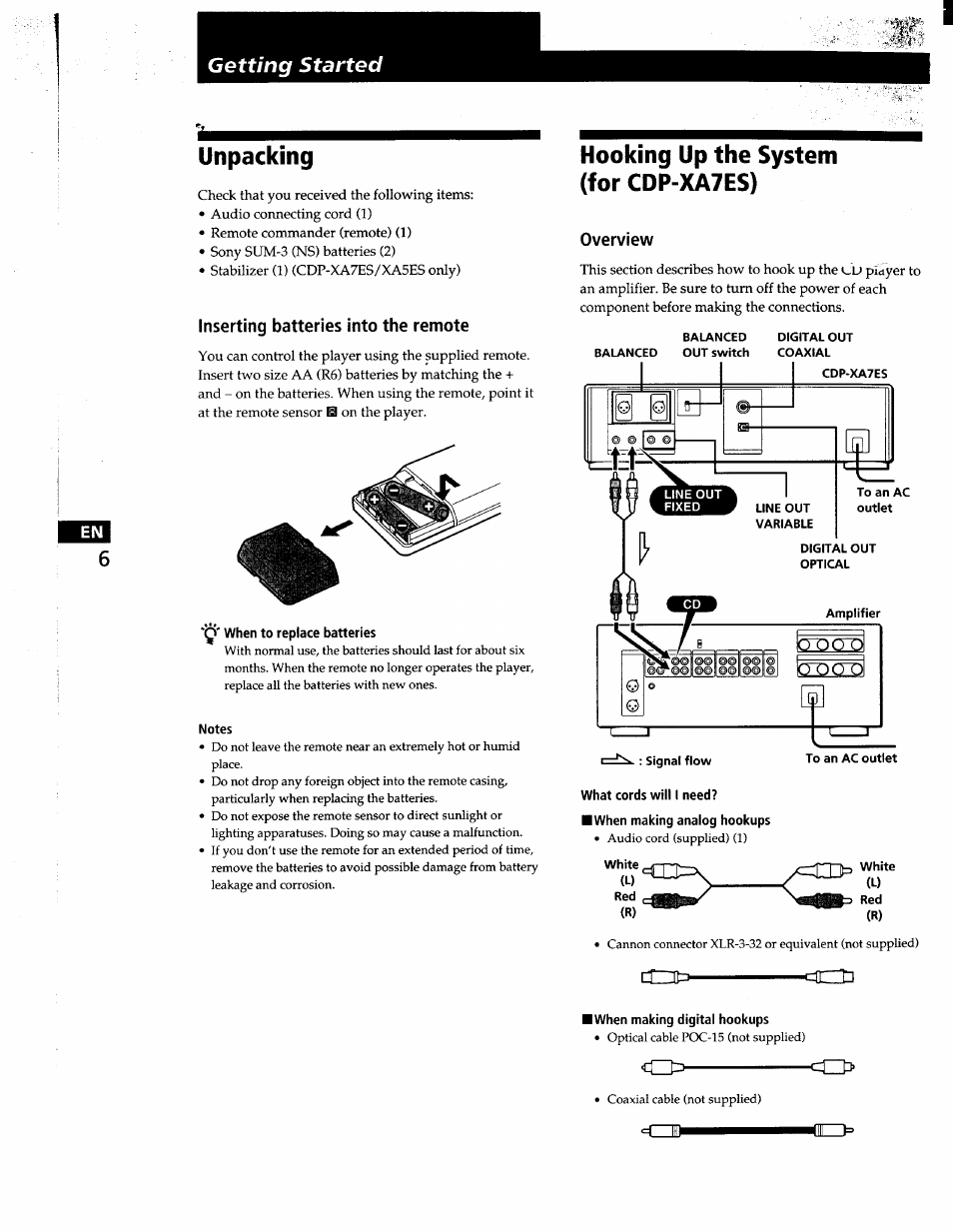 Unpacking, Inserting batteries into the remote, When to replace batteries | Notes, Hooking up the system (for cdp-xa7es), Overview, What cords will i need, When making analog hookups, When making digital hookups, Hooking up the systena (for cdp-xa7es) | Sony CDP-XA7ES User Manual | Page 6 / 93