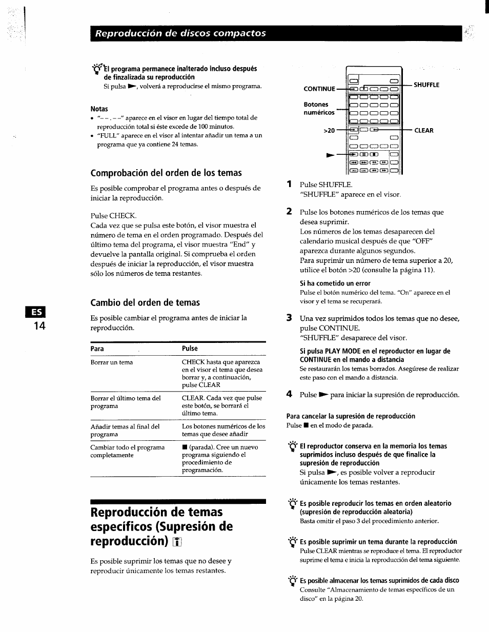 Notas, Comprobación del orden de los temas, Cambio del orden de temas | Continue, Botones numéricos, Aaaaa, Shuffle, Clear, Si ha cometido un error, Para cancelar la supresión de reproducción | Sony CDP-XA7ES User Manual | Page 60 / 93