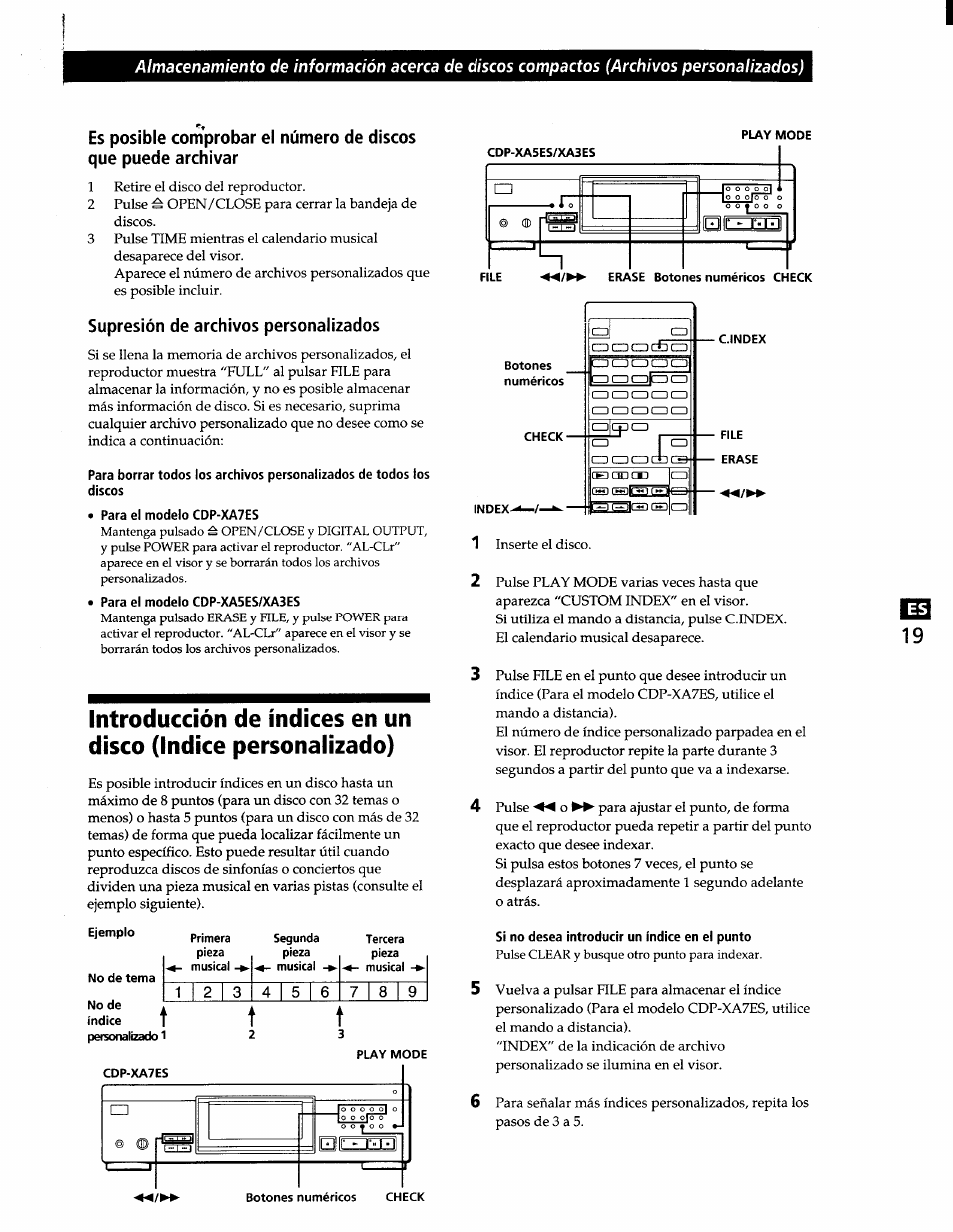 Supresión de archivos personalizados, Para el modelo cdp-xa7es, Para el modelo cdp-xa5es/xa3es | Si no desea introducir un índice en el punto | Sony CDP-XA7ES User Manual | Page 65 / 93