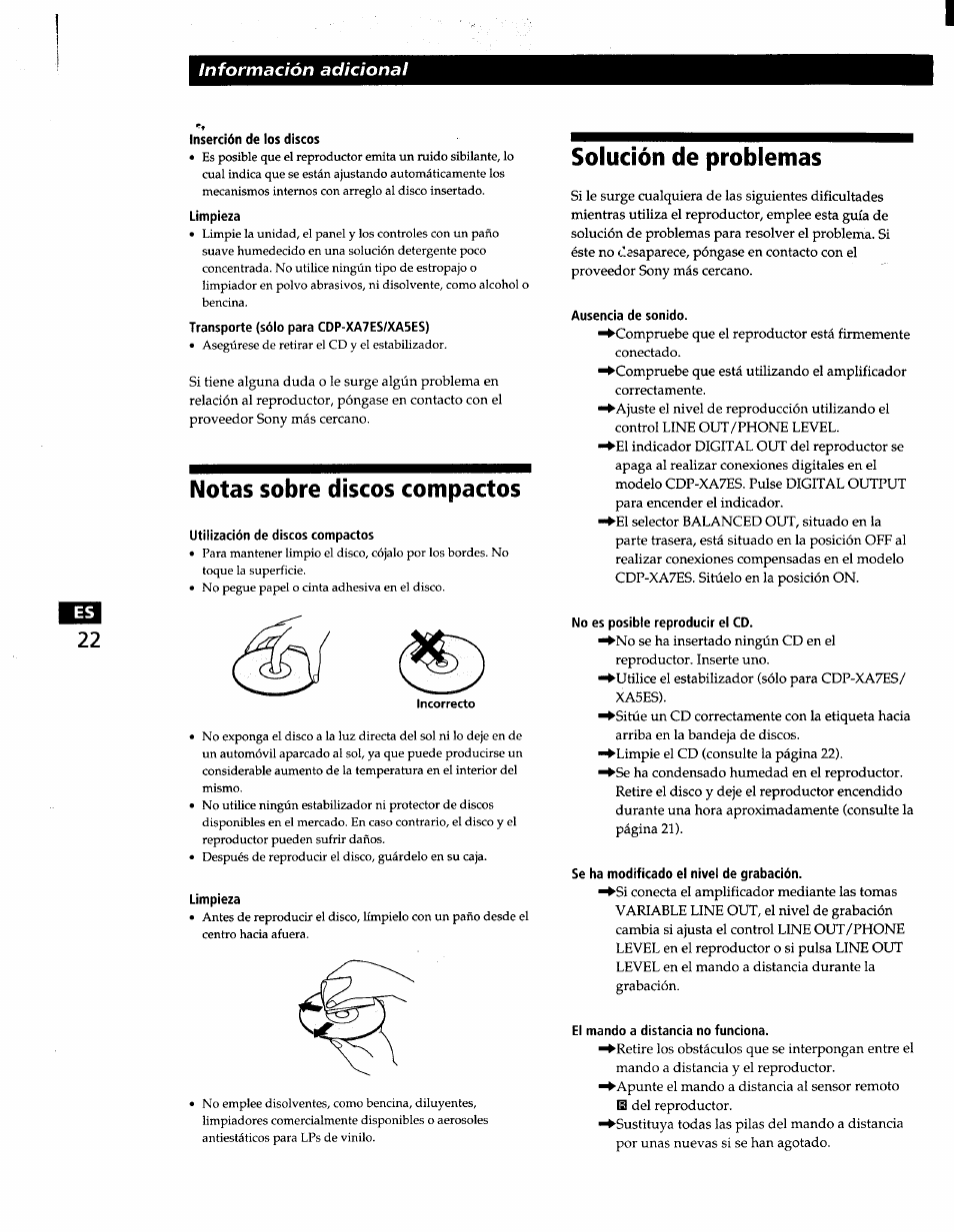 Inserción de los discos, Solución de problemas, Notas sobre discos compactos | Utilización de discos compactos, Ausencia de sonido, No es posible reproducir el cd, Se ha modificado el nivel de grabación, El mando a distancia no funciona, Información adicional | Sony CDP-XA7ES User Manual | Page 68 / 93