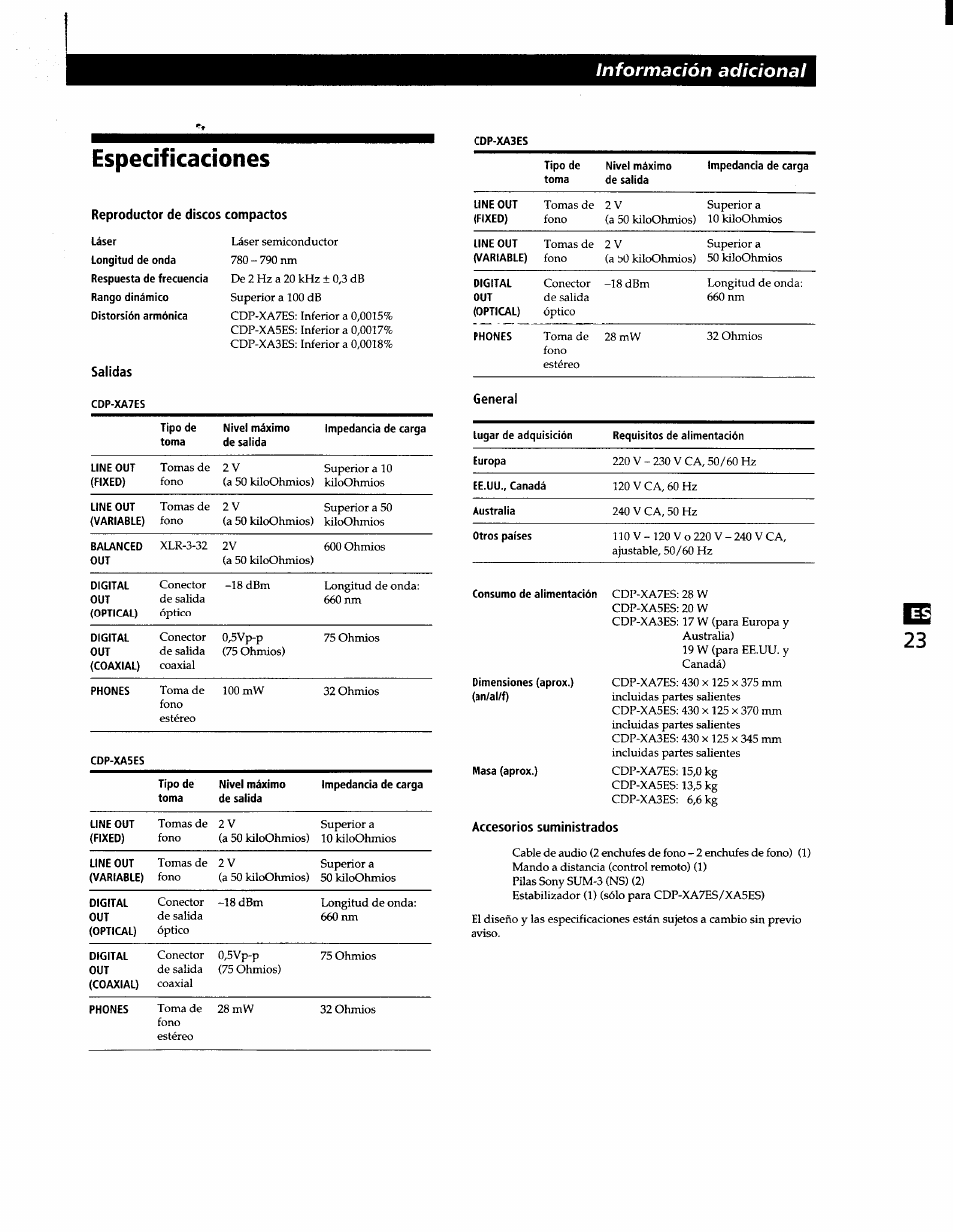 Especificaciones, Reproductor de discos compactos, Salidas | Información adicional | Sony CDP-XA7ES User Manual | Page 69 / 93