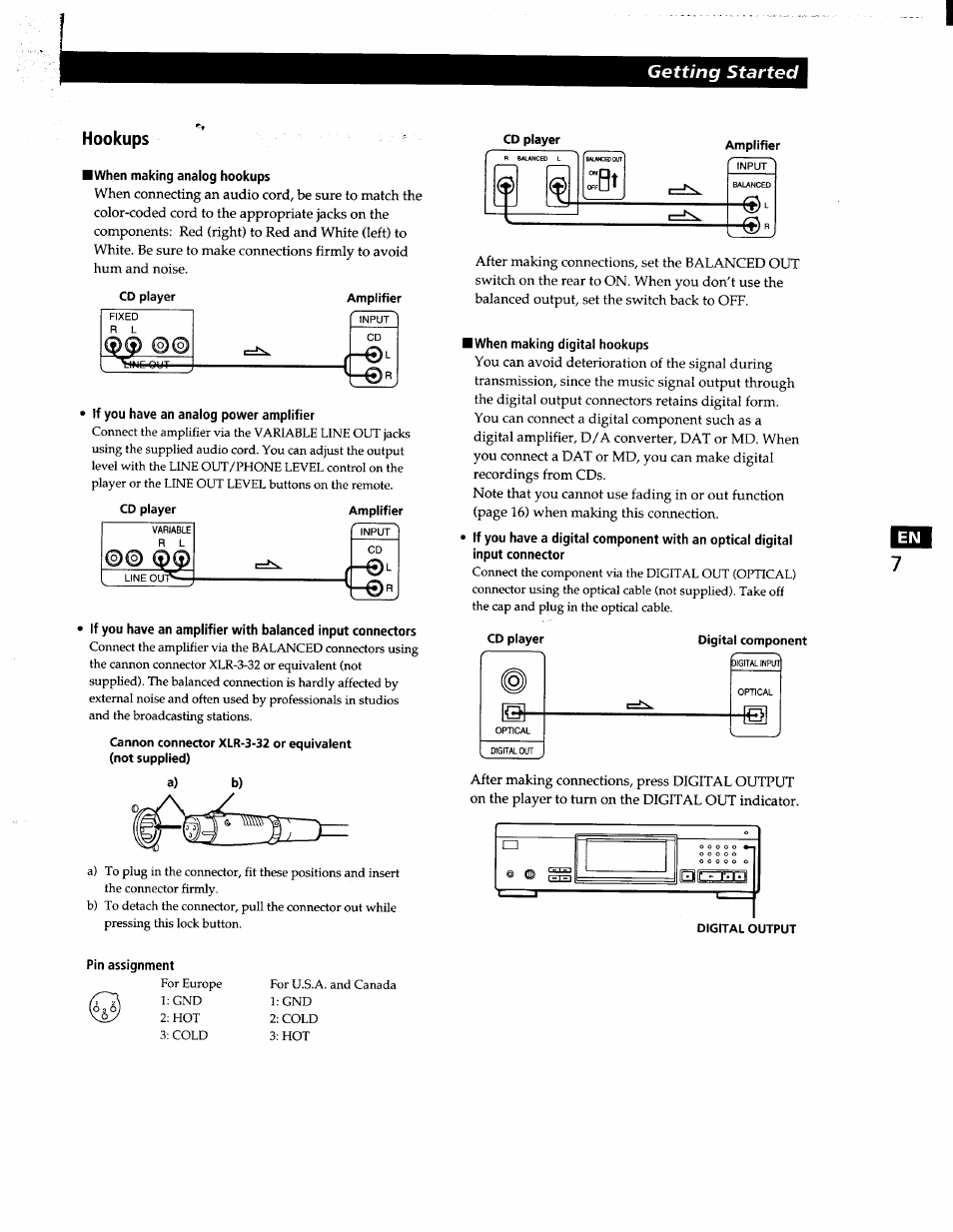 Hookups, When making analog hookups, When making digital hookups | Digital output, Pin assignment, Getting started, Lullr..- r-l-ll | Sony CDP-XA7ES User Manual | Page 7 / 93