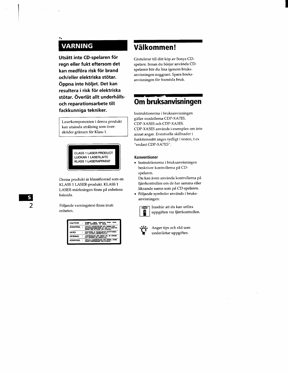 Välkommenf, Om bruksanvisningen, Konventioner | Varning | Sony CDP-XA7ES User Manual | Page 71 / 93