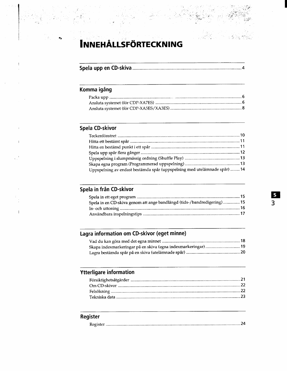 Nnehällsförteckning | Sony CDP-XA7ES User Manual | Page 72 / 93