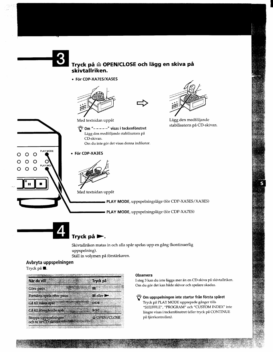 For cdp-xa7es/xa5es, Observera, Tryck pà | Sony CDP-XA7ES User Manual | Page 74 / 93