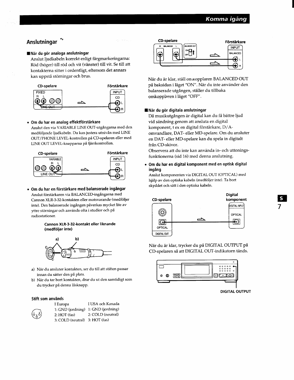 Anslutningar, Inär du gor analoga anslutningar, Förstärkare | Stift som används, Inär du gör digitala anslutningar, Digital output, Komma ¡gang | Sony CDP-XA7ES User Manual | Page 76 / 93