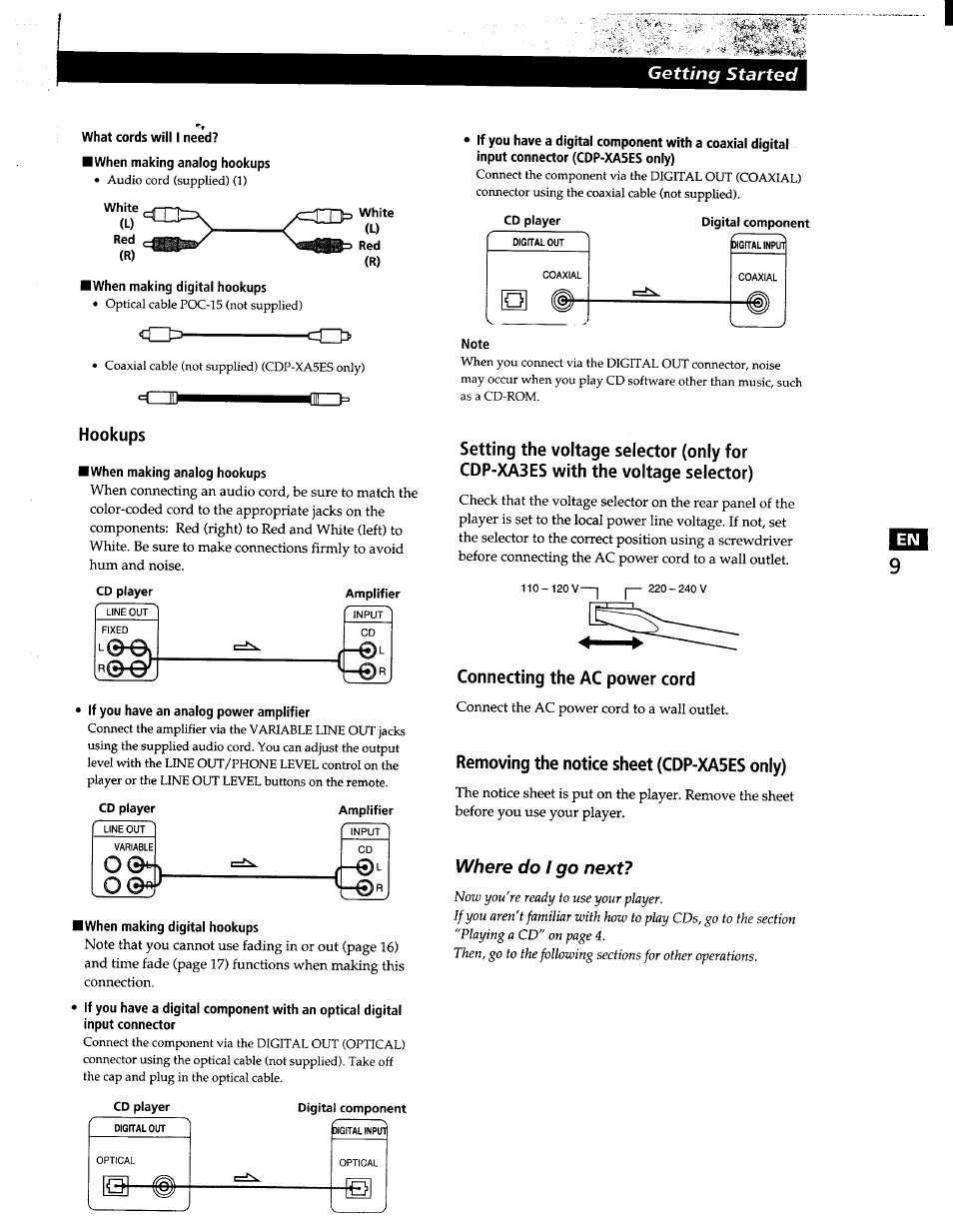 What cords will i need, When making analog hookups, When making digital hookups | Hookups, Connecting the ac power cord, Removing the notice sheet (cdp-xa5es only), O©^ lo, Getting started, Where do i go next | Sony CDP-XA7ES User Manual | Page 9 / 93