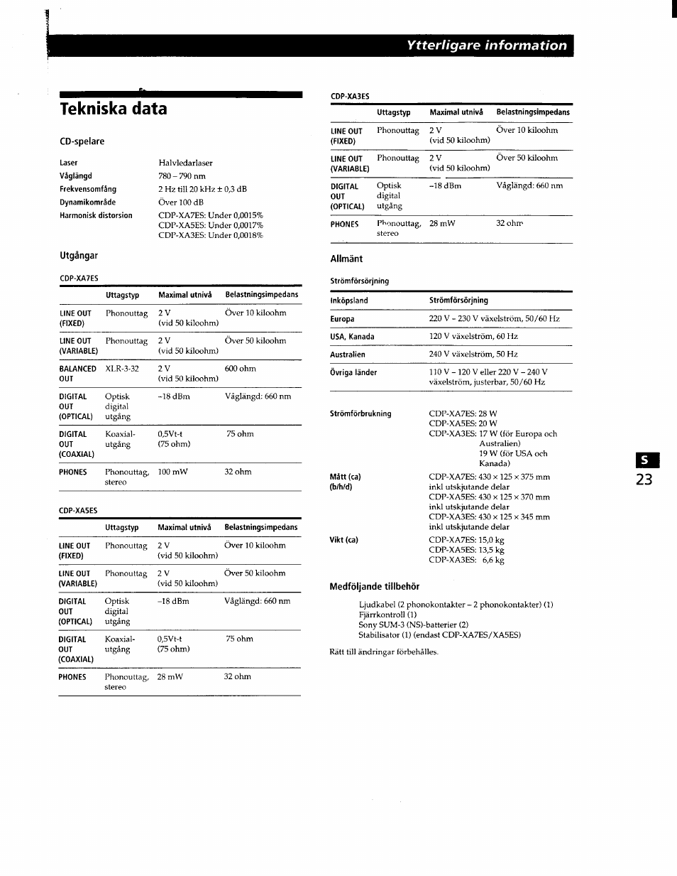 Tekniska data, Cd-spelare, Utgangar | Allmänt, Ytterligare information | Sony CDP-XA7ES User Manual | Page 92 / 93