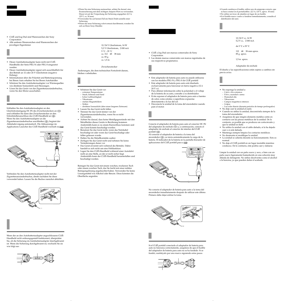 Vorbereitungen, Gebrauch, Austauschen der sicherung | Technische daten, Hinweise zur verwendung, Antes de su utilización, Cómo utilizarlo, Sustitución del fusible, Especificaciones, Notas sobre el uso | Sony PEGA-DC10 User Manual | Page 2 / 2