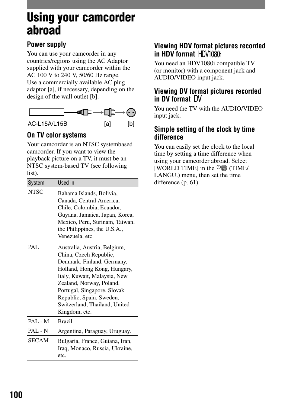 Additional information, Using your camcorder abroad | Sony HDR-HC1 User Manual | Page 100 / 123
