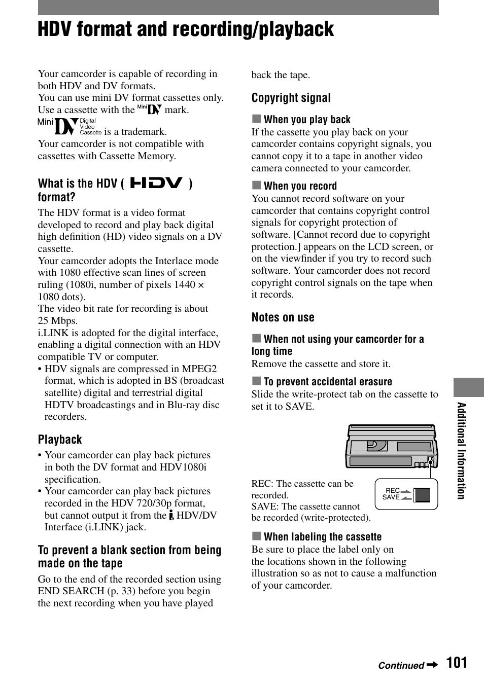 Hdv format and recording/playback | Sony HDR-HC1 User Manual | Page 101 / 123