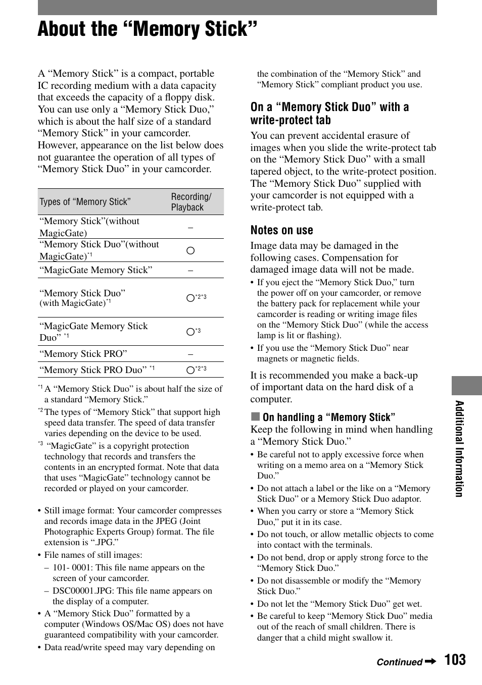 About the “memory stick | Sony HDR-HC1 User Manual | Page 103 / 123