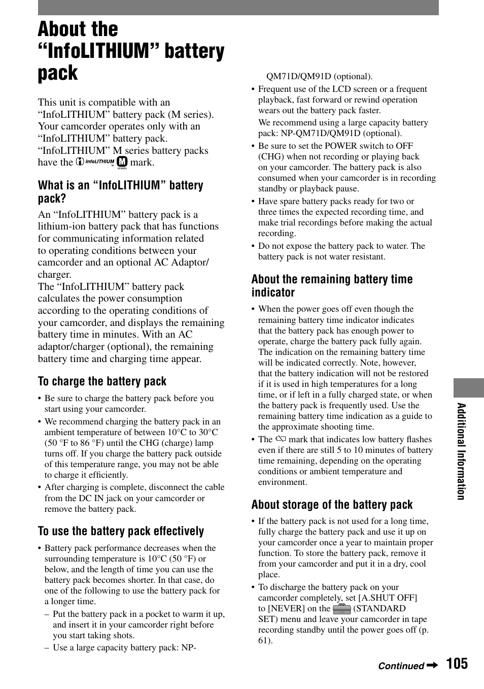 About the “infolithium” battery pack | Sony HDR-HC1 User Manual | Page 105 / 123