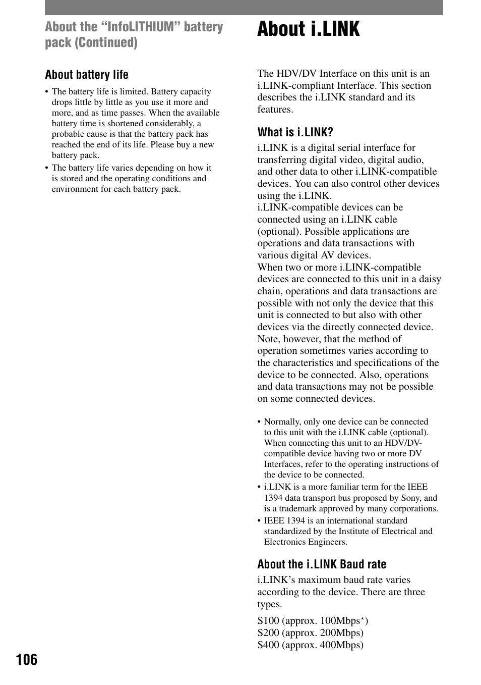 About i.link, About the “infolithium” battery pack (continued) | Sony HDR-HC1 User Manual | Page 106 / 123
