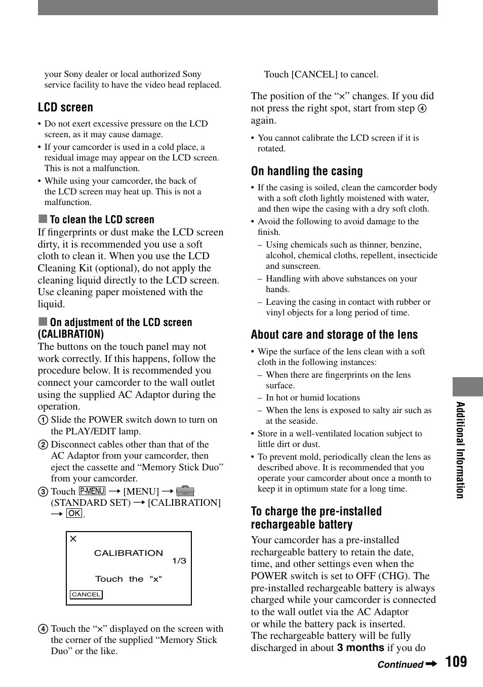Lcd screen, On handling the casing, About care and storage of the lens | Sony HDR-HC1 User Manual | Page 109 / 123