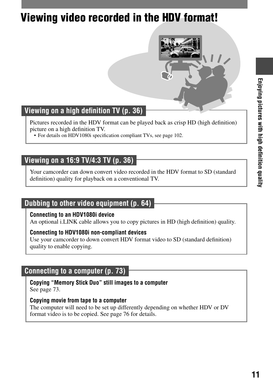 Viewing video recorded in the hdv format | Sony HDR-HC1 User Manual | Page 11 / 123