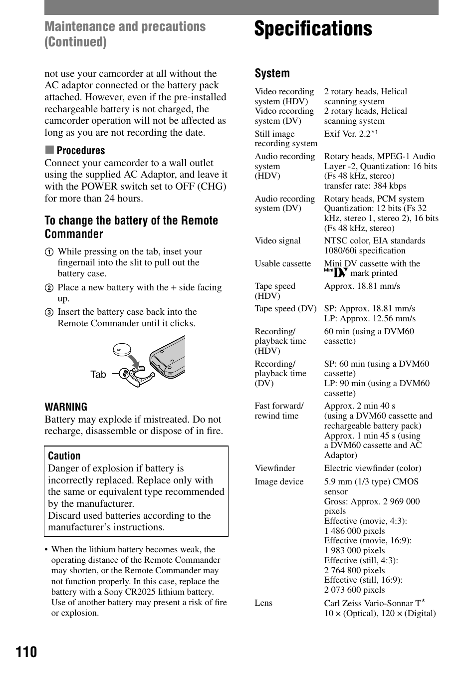 Specifications, Speciﬁcations, Maintenance and precautions (continued) | System | Sony HDR-HC1 User Manual | Page 110 / 123