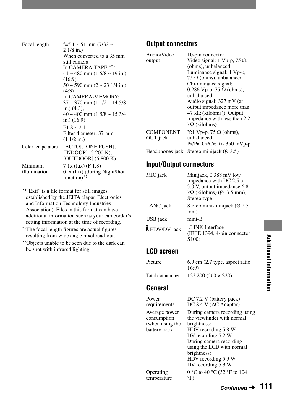 Output connectors, Input/output connectors, Lcd screen | General | Sony HDR-HC1 User Manual | Page 111 / 123