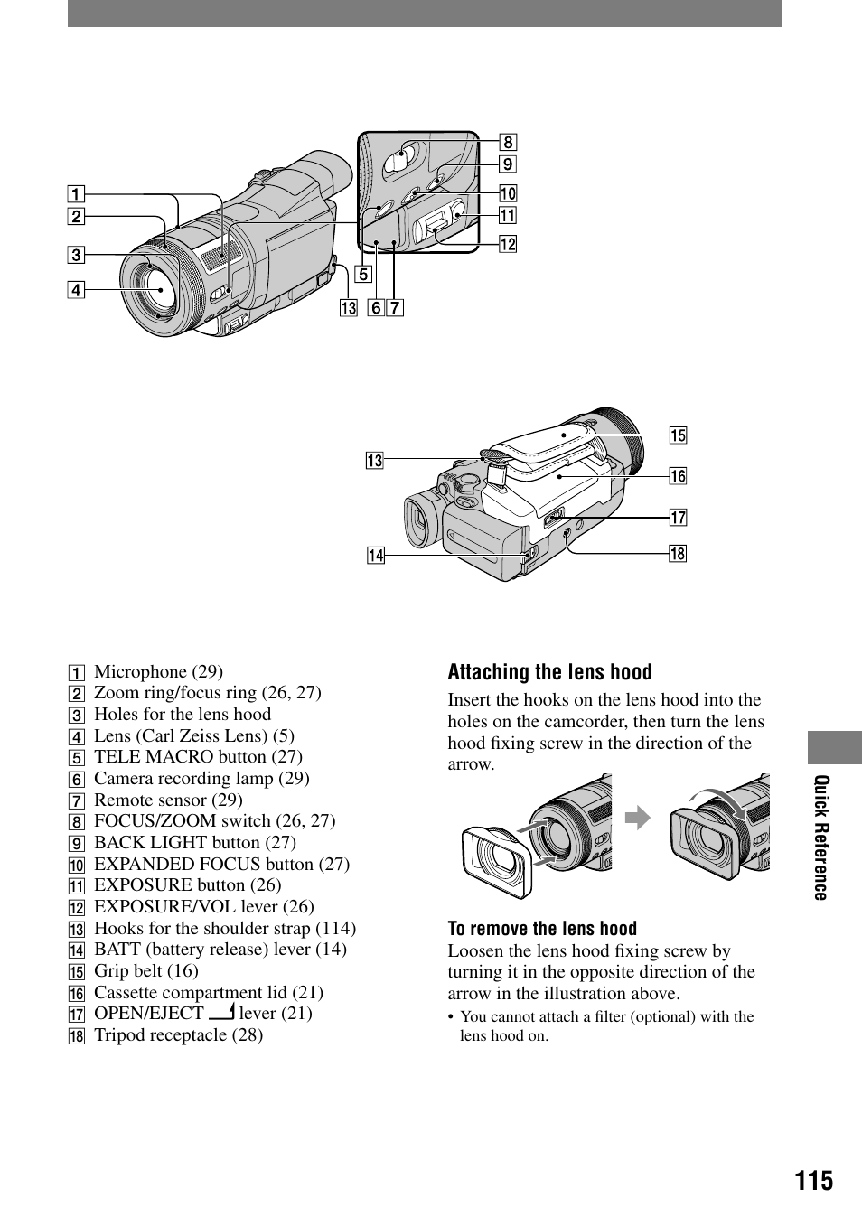 Attaching the lens hood | Sony HDR-HC1 User Manual | Page 115 / 123