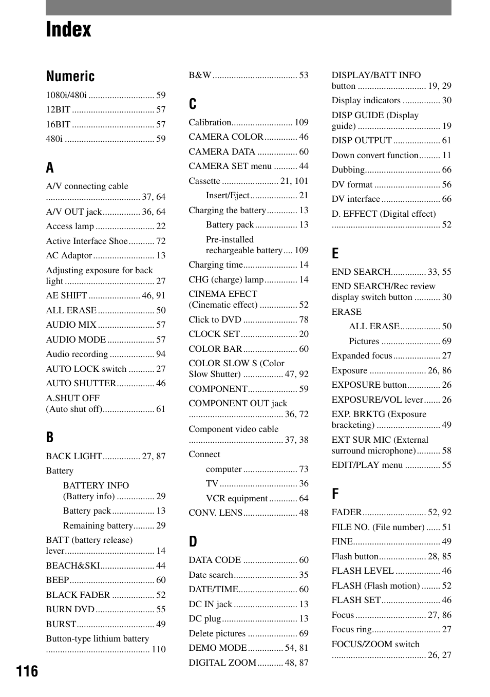 Index, Numeric | Sony HDR-HC1 User Manual | Page 116 / 123