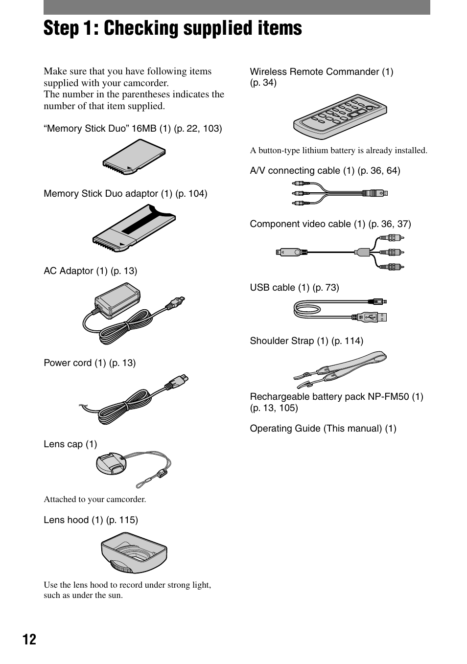 Getting started, Step 1: checking supplied items | Sony HDR-HC1 User Manual | Page 12 / 123