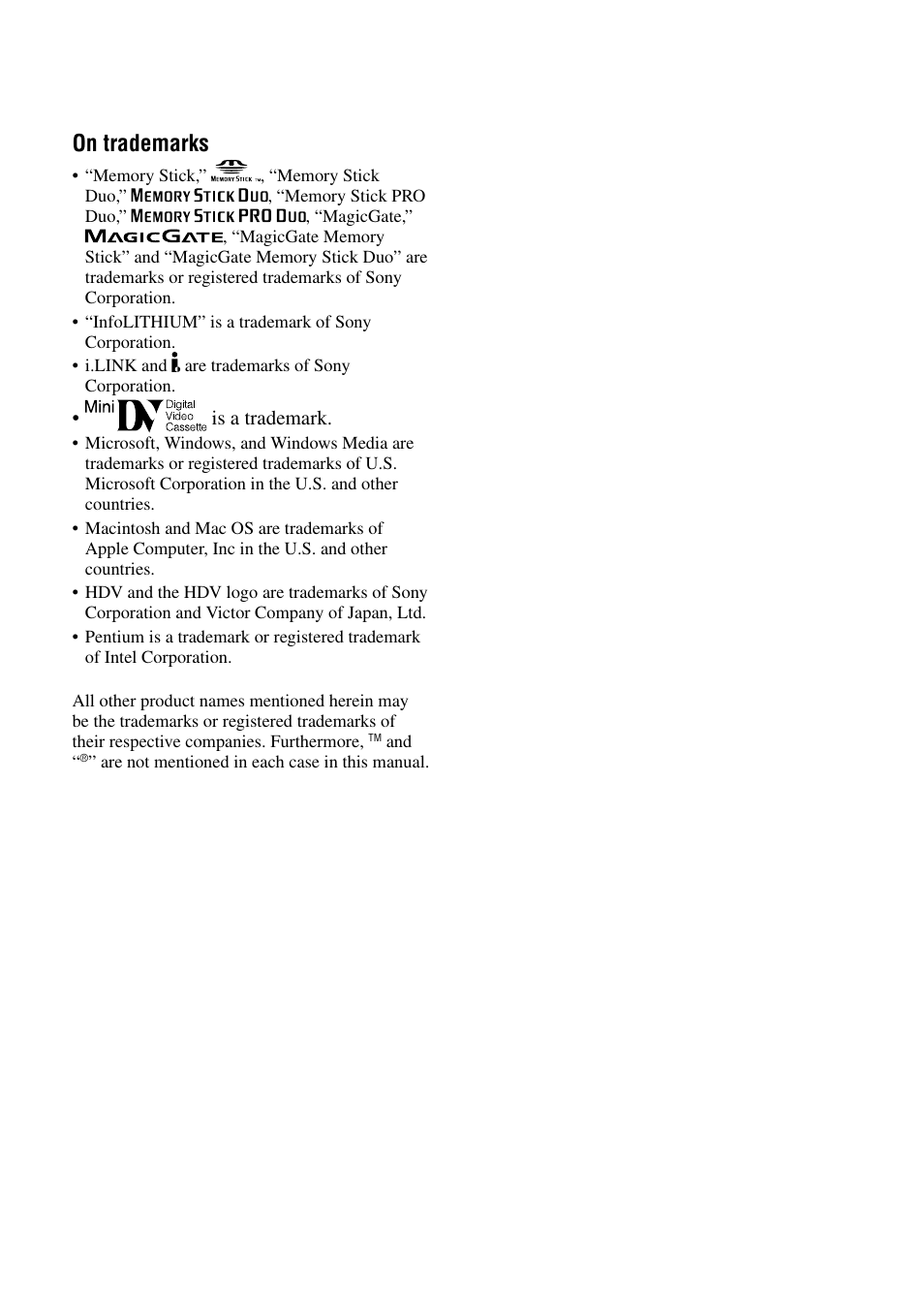 On trademarks | Sony HDR-HC1 User Manual | Page 123 / 123