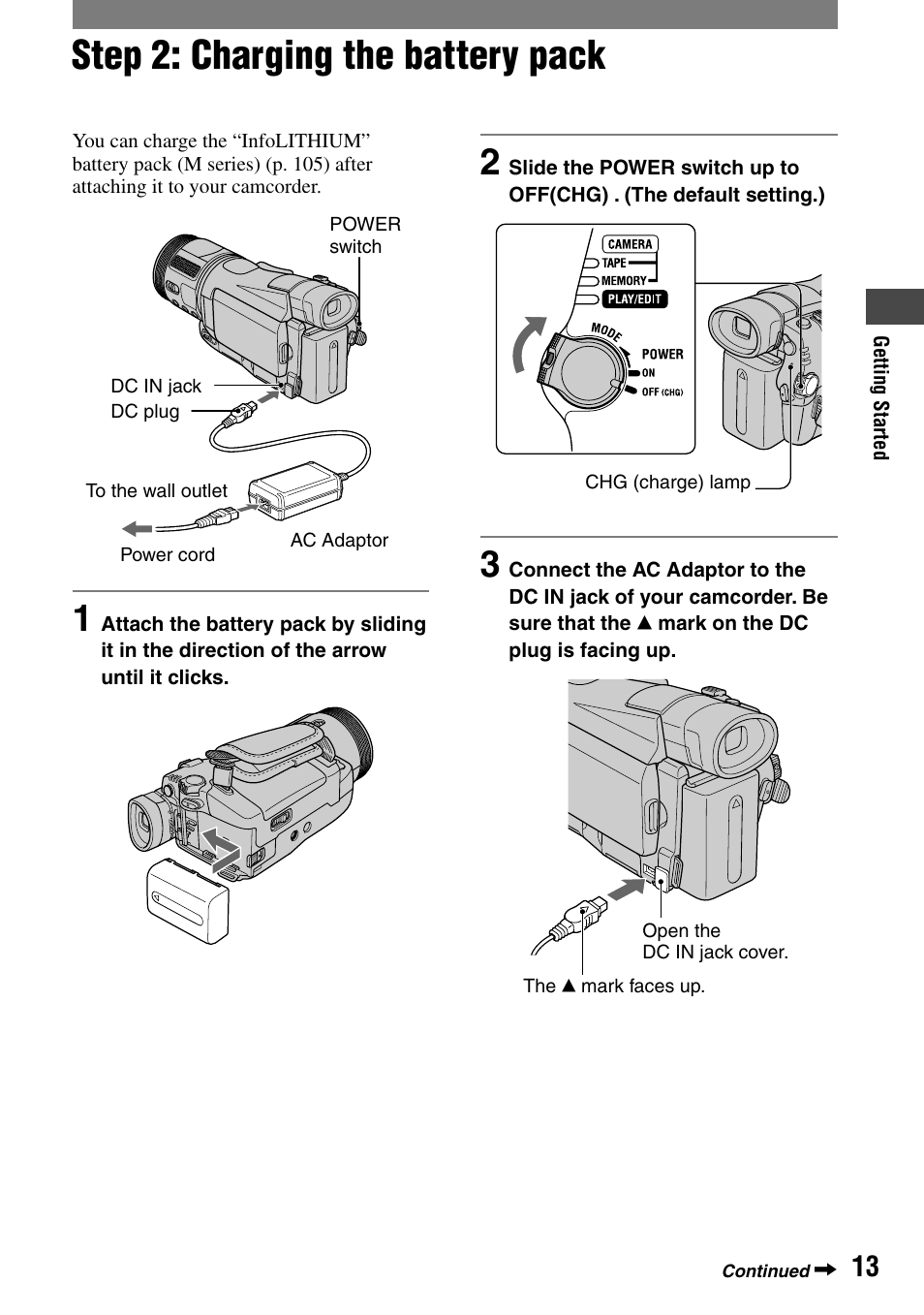 Step 2: charging the battery pack | Sony HDR-HC1 User Manual | Page 13 / 123
