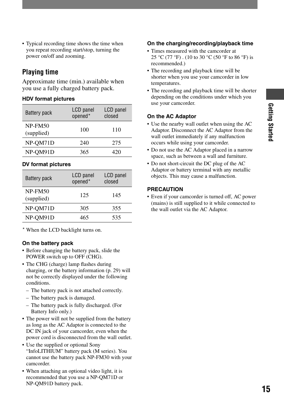 Playing time | Sony HDR-HC1 User Manual | Page 15 / 123