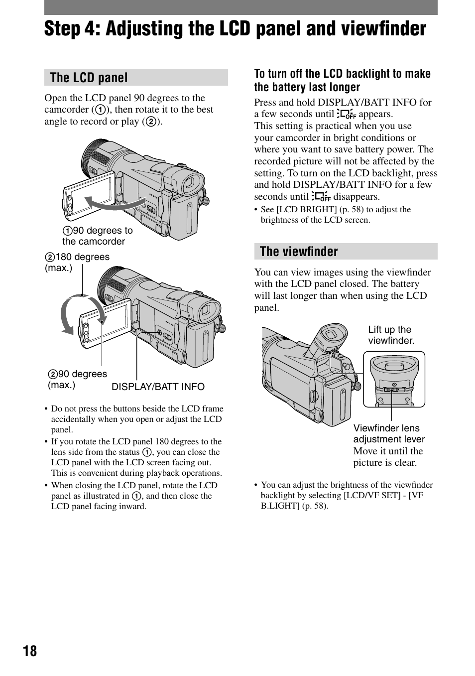 Step 4: adjusting the lcd panel and viewfinder, Step 4: adjusting the lcd panel and viewﬁnder, The lcd panel | The viewﬁnder | Sony HDR-HC1 User Manual | Page 18 / 123