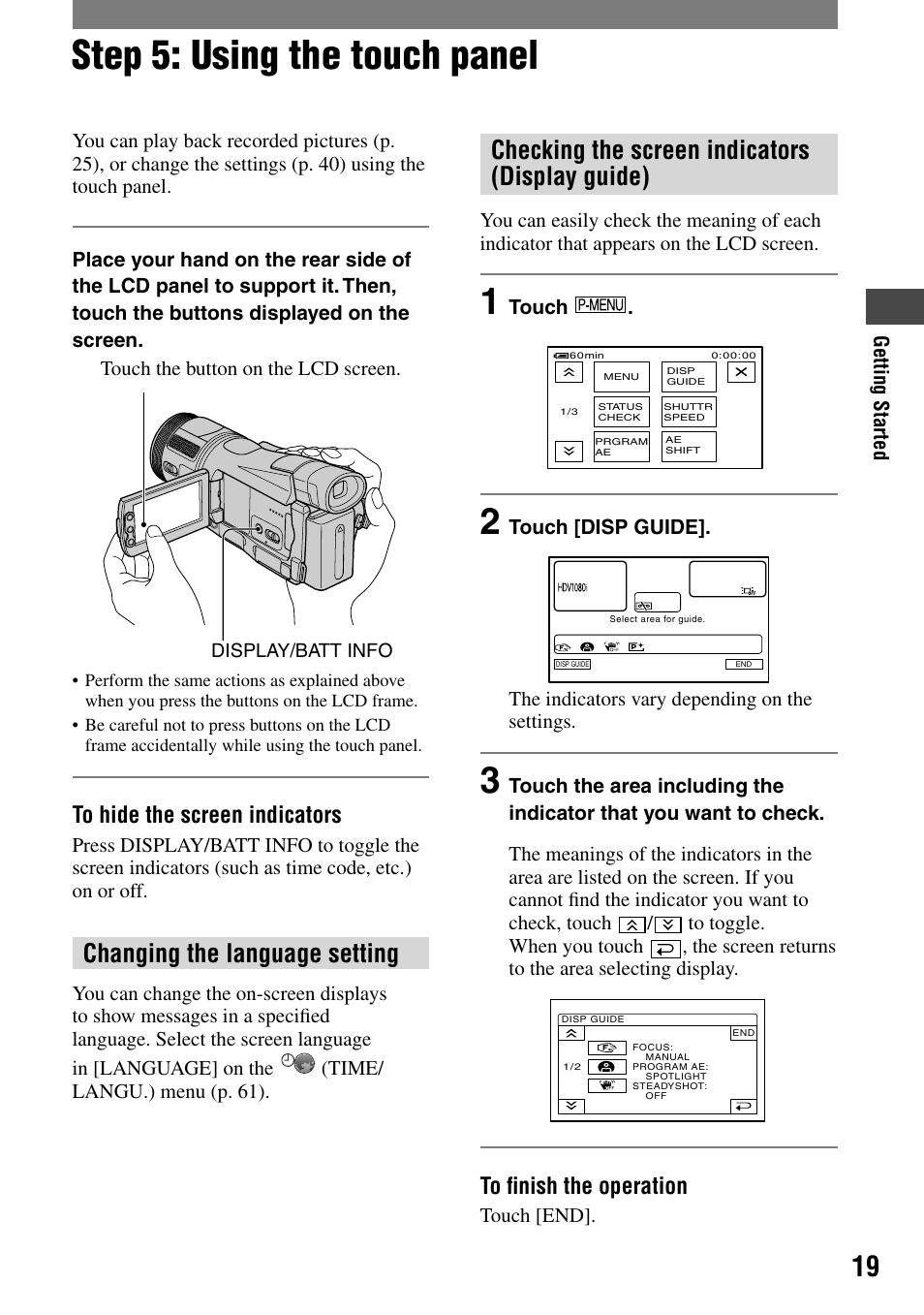 Step 5: using the touch panel, Changing the language setting, Checking the screen indicators (display guide) | Sony HDR-HC1 User Manual | Page 19 / 123