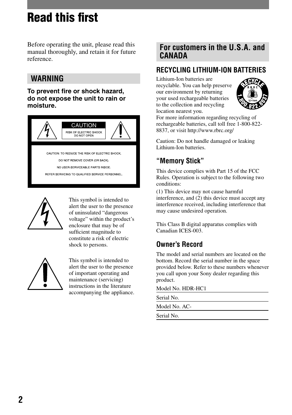 Read this first, Read this ﬁrst, Warning | For customers in the u.s.a. and canada | Sony HDR-HC1 User Manual | Page 2 / 123